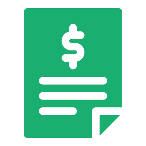 Icono de un documento verde con un signo de dólar blanco en la parte superior y tres líneas blancas horizontales debajo, que representa información financiera o de facturación.