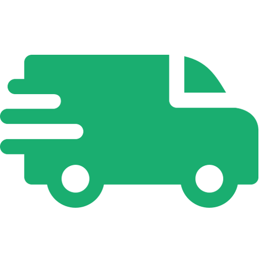 Icono de un camión de reparto verde con líneas de movimiento, que indica un envío rápido o urgente, sobre un fondo gris claro.