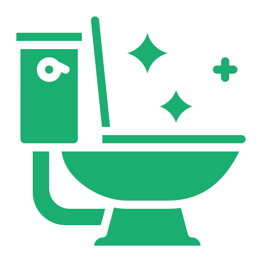 Icono verde de un inodoro con la tapa abierta y destellos sobre el asiento, que simboliza la limpieza o la higiene.