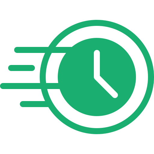 Icono de un reloj verde con líneas de movimiento, que sugiere velocidad o el rápido paso del tiempo, sobre un fondo gris claro.